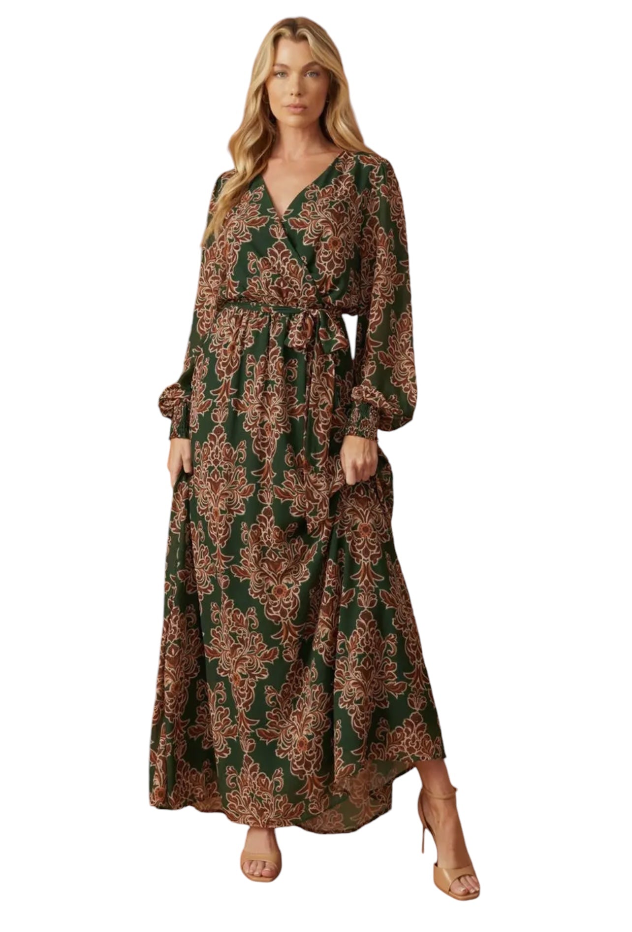 Harvest Whispers Green Brown Maxi Dress