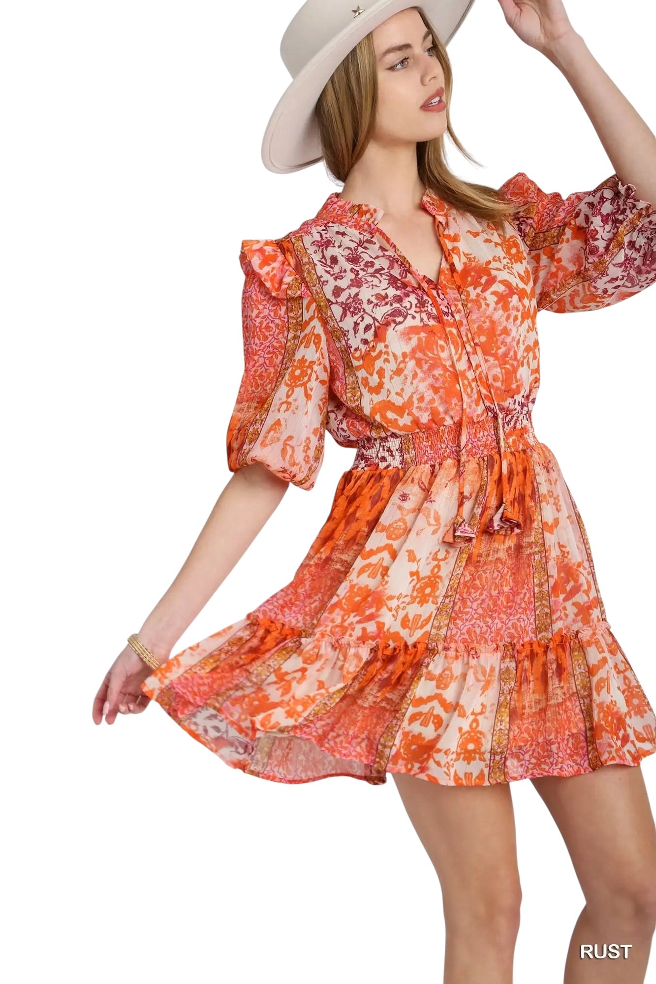 Elegant Smocked Orange Mix Dress