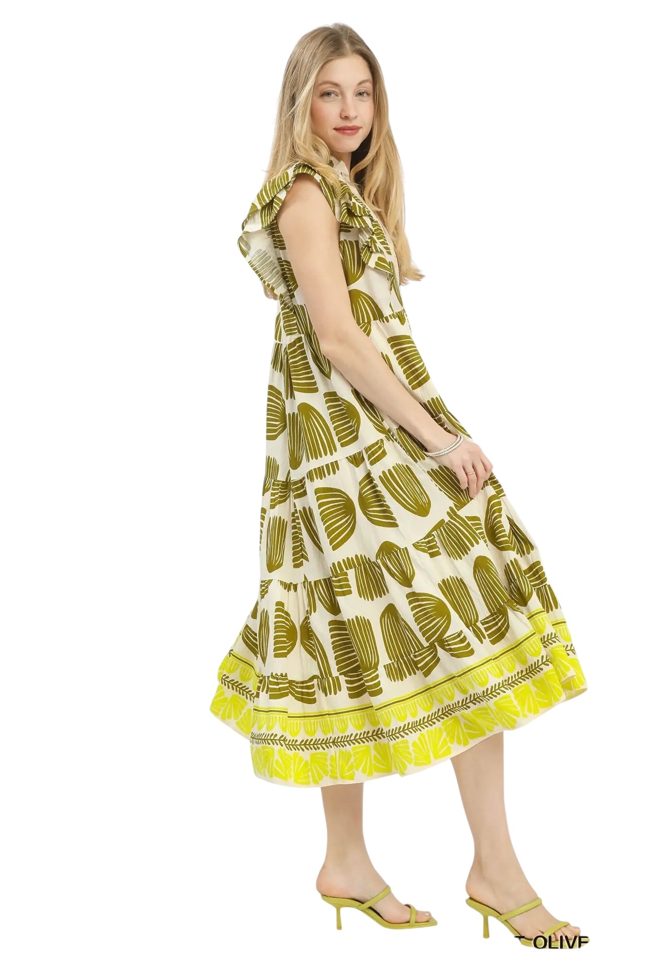 Abstract Print Olive Mix Midi Dress