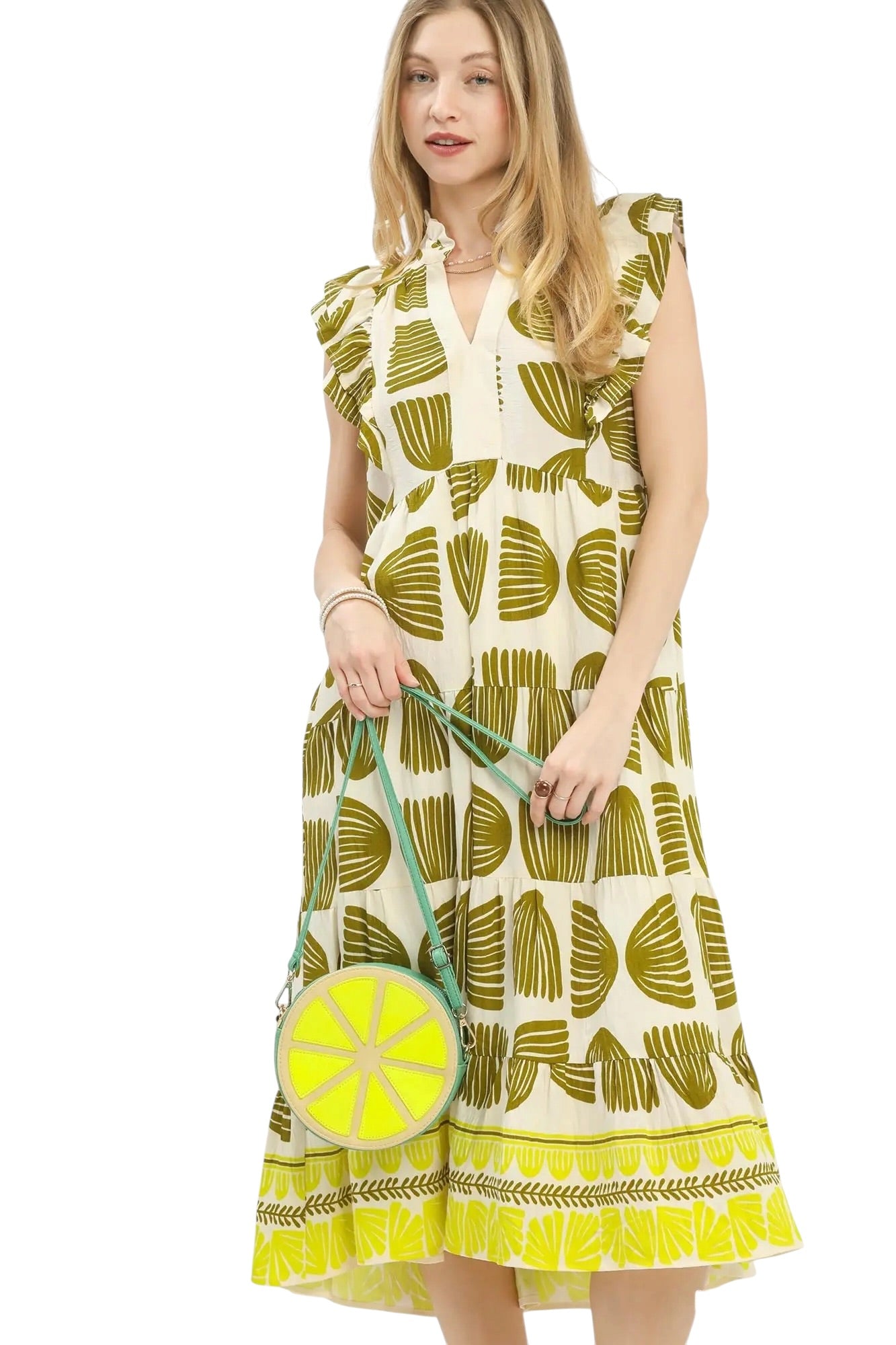 Abstract Print Olive Mix Midi Dress