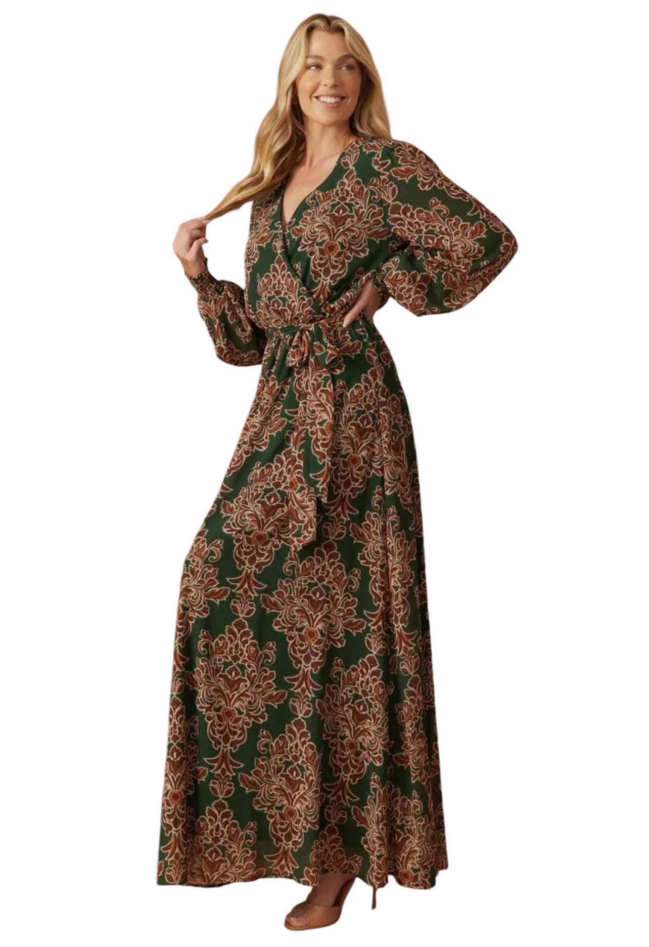 Harvest Whispers Green Brown Maxi Dress