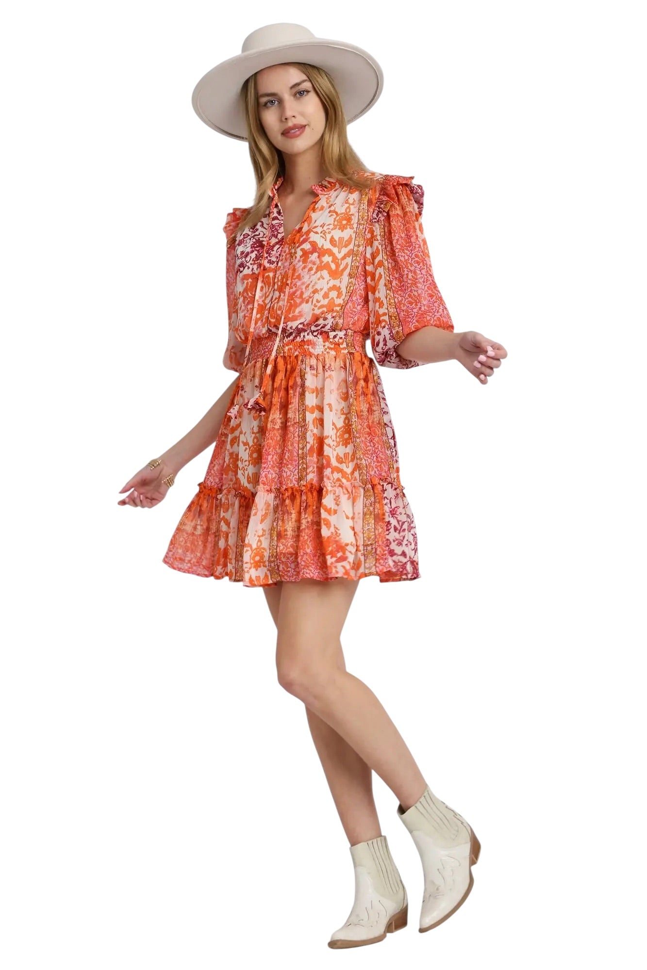 Elegant Smocked Orange Mix Dress